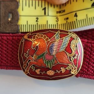 Vintage Enamel oval beltbuckle Red and decorative Red unicorn.
